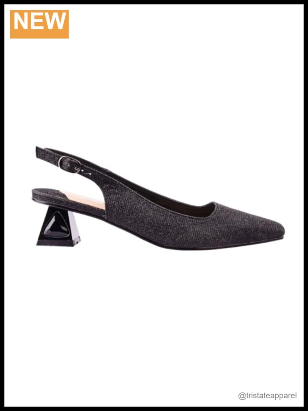 Glitter Slingback Heels 1.5 Inch Jeweled Geometric Heel Pointed Toe Buckle